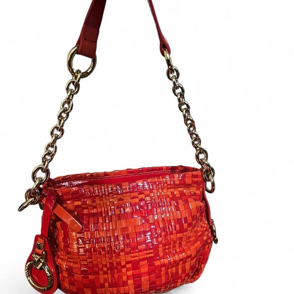 Francesco Biasia Red Orange patent woven Leather gold chain shoulder handbag